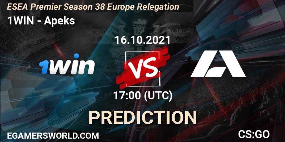 Prognose für das Spiel 1WIN VS Apeks. 16.10.2021 at 17:00. Counter-Strike (CS2) - ESEA Premier Season 38 Europe Relegation