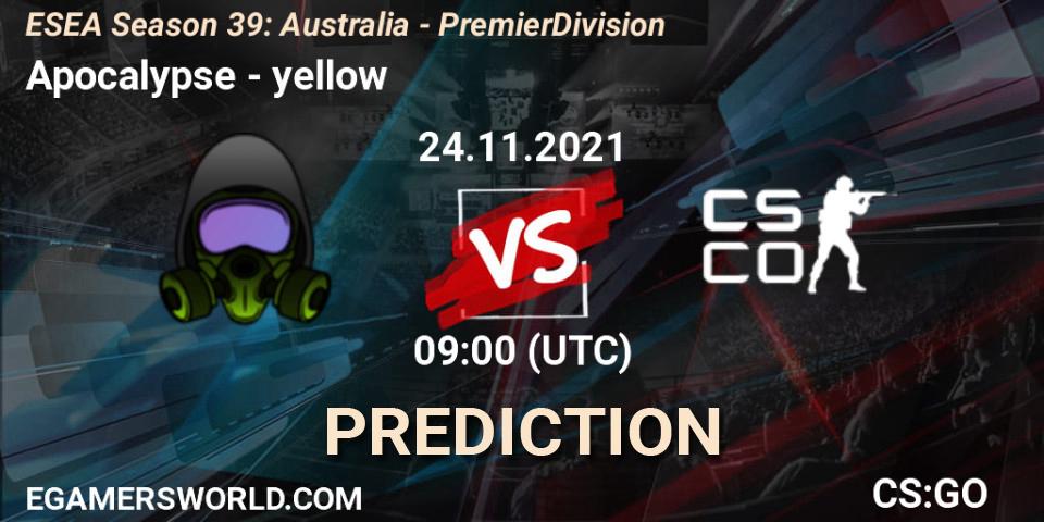 Prognose für das Spiel Apocalypse VS yellow. 24.11.2021 at 09:00. Counter-Strike (CS2) - ESEA Season 39: Australia - Premier Division