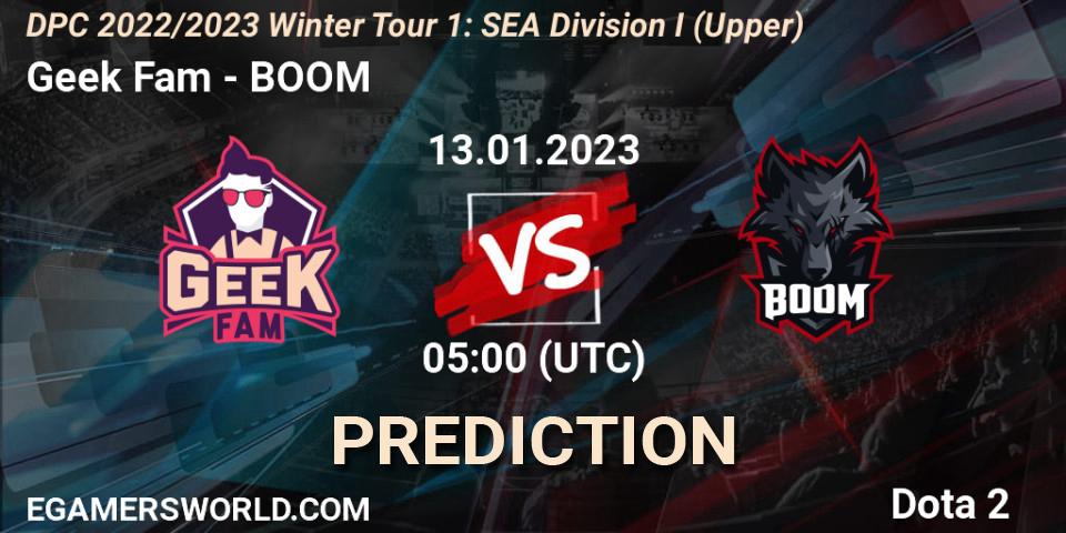 Prognose für das Spiel Geek Slate VS BOOM. 13.01.2023 at 05:00. Dota 2 - DPC 2022/2023 Winter Tour 1: SEA Division I (Upper)