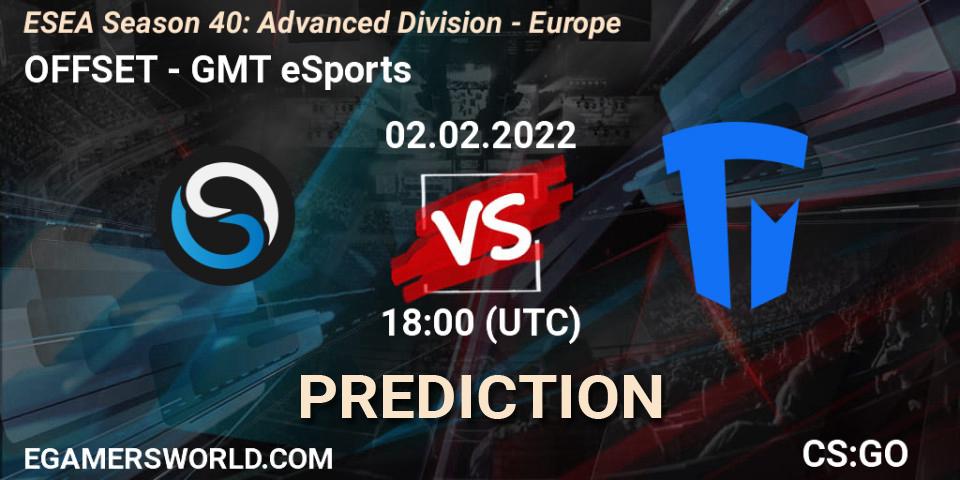 Prognose für das Spiel OFFSET VS GMT eSports. 02.02.2022 at 18:00. Counter-Strike (CS2) - ESEA Season 40: Advanced Division - Europe