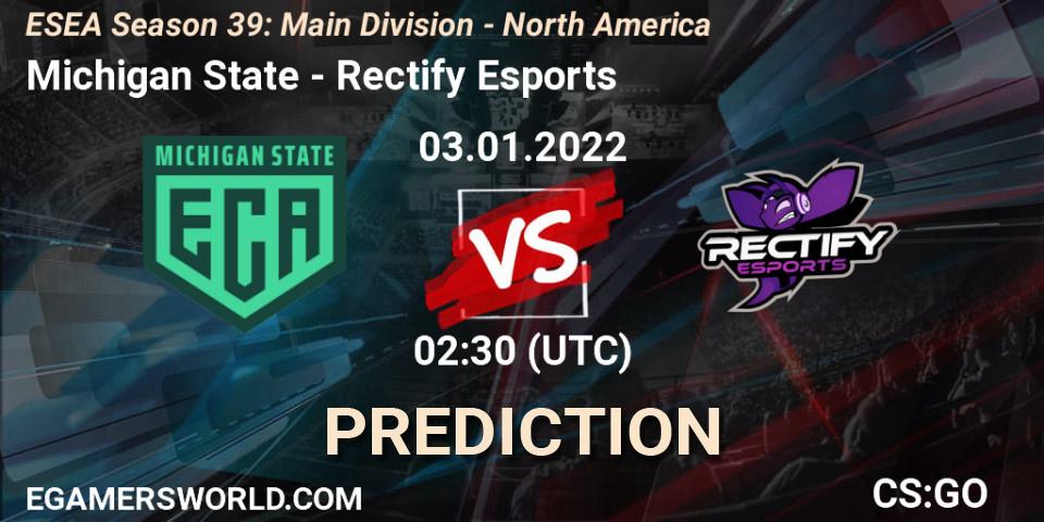 Prognose für das Spiel Michigan State VS Rectify Esports. 04.01.2022 at 01:30. Counter-Strike (CS2) - ESEA Season 39: Main Division - North America