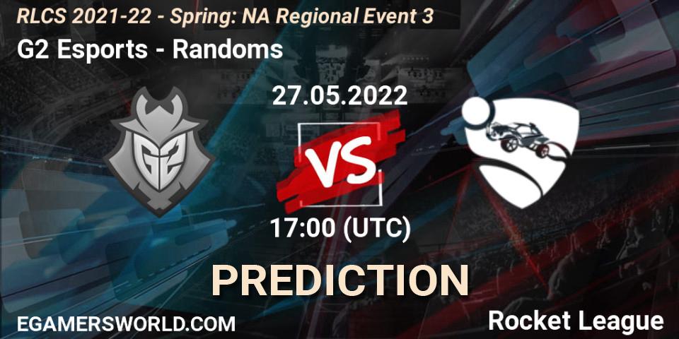 Prognose für das Spiel G2 Esports VS Randoms. 27.05.2022 at 17:00. Rocket League - RLCS 2021-22 - Spring: NA Regional Event 3