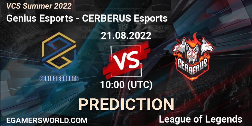 Prognose für das Spiel Genius Esports VS CERBERUS Esports. 21.08.2022 at 10:00. LoL - VCS Summer 2022