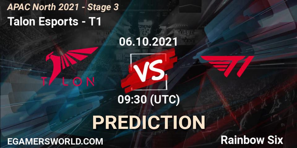 Prognose für das Spiel Talon Esports VS T1. 06.10.2021 at 09:30. Rainbow Six - APAC North 2021 - Stage 3