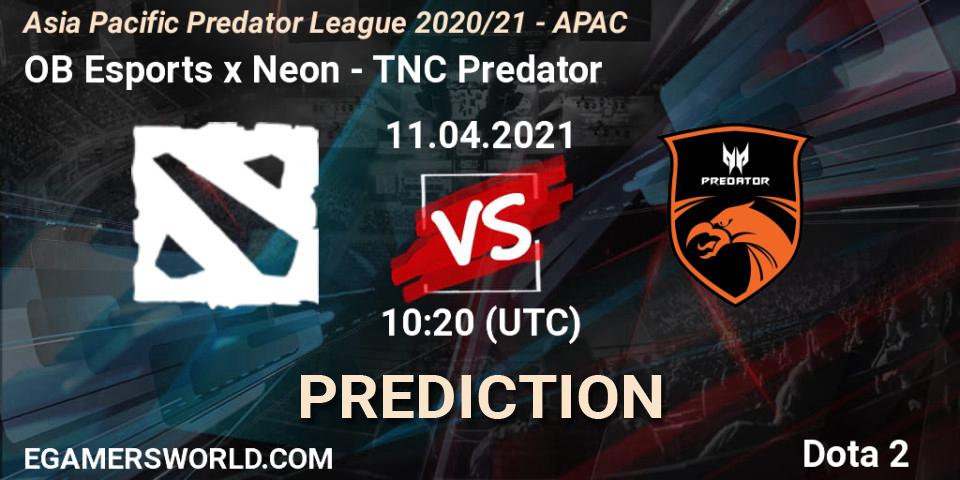 Prognose für das Spiel OB Esports x Neon VS TNC Predator. 11.04.2021 at 10:06. Dota 2 - Asia Pacific Predator League 2020/21 - APAC