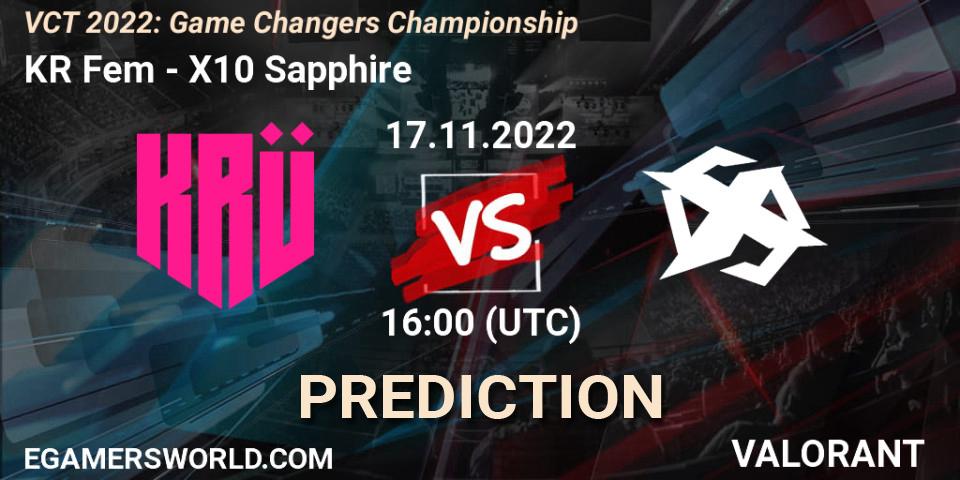 Prognose für das Spiel KRÜ Fem VS X10 Sapphire. 17.11.2022 at 18:00. VALORANT - VCT 2022: Game Changers Championship