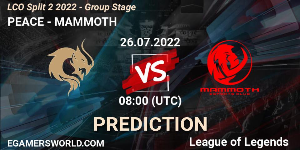 Prognose für das Spiel PEACE VS MAMMOTH. 26.07.2022 at 08:00. LoL - LCO Split 2 2022 - Group Stage