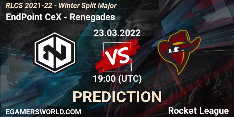 Prognose für das Spiel EndPoint CeX VS Renegades. 23.03.2022 at 19:00. Rocket League - RLCS 2021-22 - Winter Split Major