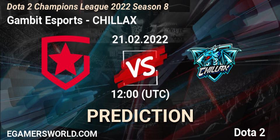 Prognose für das Spiel Gambit Esports VS CHILLAX. 21.02.2022 at 11:59. Dota 2 - Dota 2 Champions League 2022 Season 8