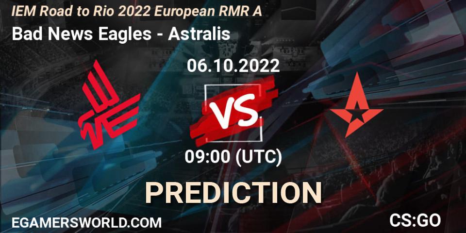 Prognose für das Spiel Bad News Eagles VS Astralis. 06.10.2022 at 09:00. Counter-Strike (CS2) - IEM Road to Rio 2022 European RMR A