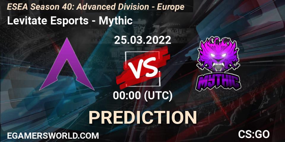 Prognose für das Spiel Levitate Esports VS Mythic. 25.03.2022 at 00:00. Counter-Strike (CS2) - ESEA Season 40: Advanced Division - North America