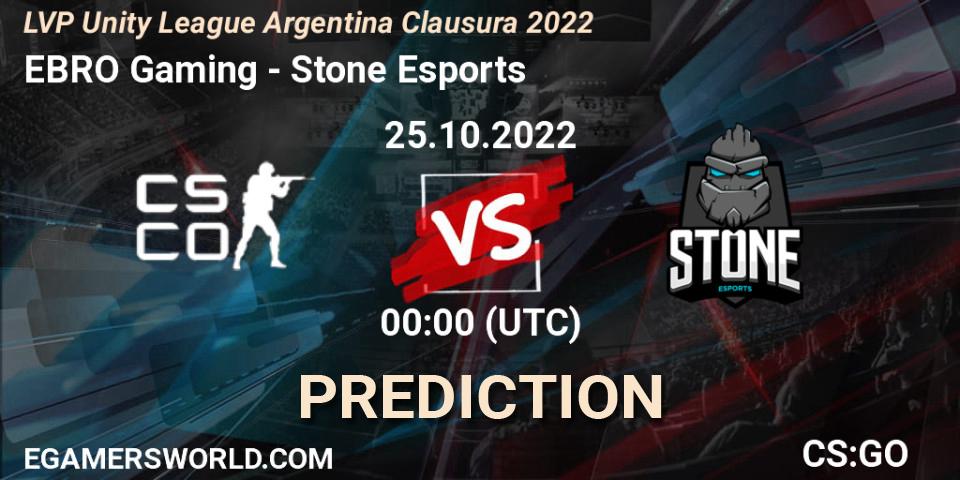 Prognose für das Spiel EBRO Gaming VS Stone Esports. 25.10.2022 at 01:00. Counter-Strike (CS2) - LVP Unity League Argentina Clausura 2022