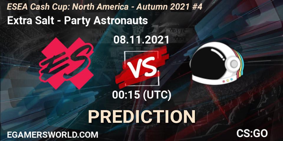 Prognose für das Spiel Extra Salt VS Party Astronauts. 08.11.2021 at 00:30. Counter-Strike (CS2) - ESEA Cash Cup: North America - Autumn 2021 #4