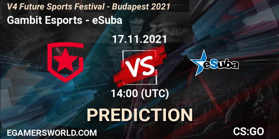 Prognose für das Spiel Gambit Esports VS eSuba. 17.11.2021 at 14:50. Counter-Strike (CS2) - V4 Future Sports Festival - Budapest 2021