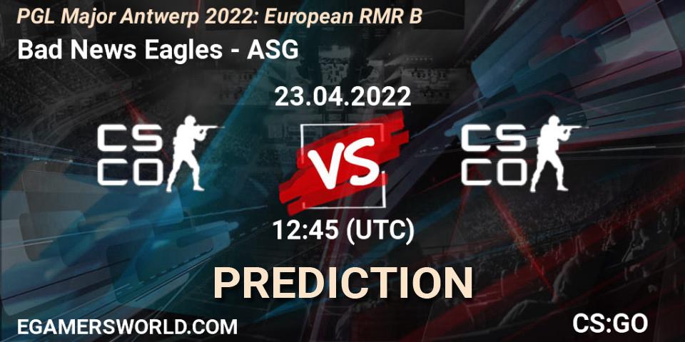 Prognose für das Spiel Bad News Eagles VS ASG. 23.04.2022 at 12:45. Counter-Strike (CS2) - PGL Major Antwerp 2022: European RMR B