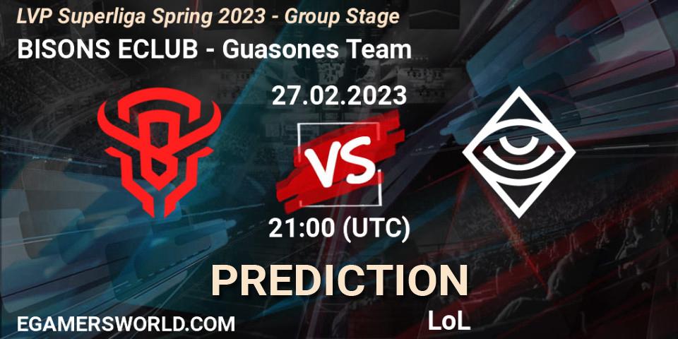 Prognose für das Spiel BISONS ECLUB VS Guasones Team. 27.02.2023 at 18:00. LoL - LVP Superliga Spring 2023 - Group Stage