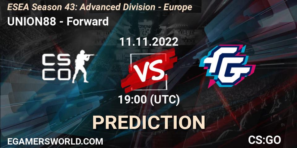 Prognose für das Spiel UNION88 VS Forward. 11.11.2022 at 19:00. Counter-Strike (CS2) - ESEA Season 43: Advanced Division - Europe