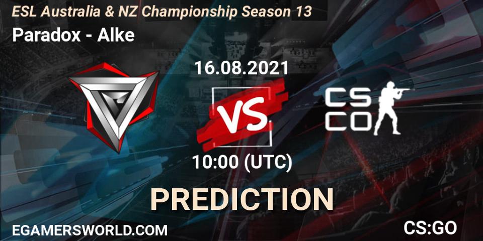 Prognose für das Spiel Paradox VS Alke. 16.08.2021 at 10:05. Counter-Strike (CS2) - ESL Australia & NZ Championship Season 13