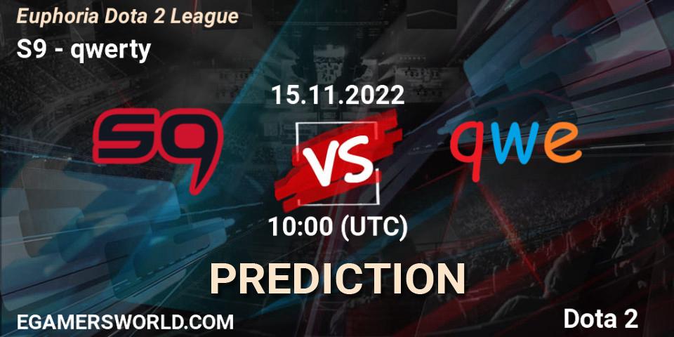 Prognose für das Spiel S9 VS qwerty. 15.11.2022 at 10:15. Dota 2 - Euphoria Dota 2 League