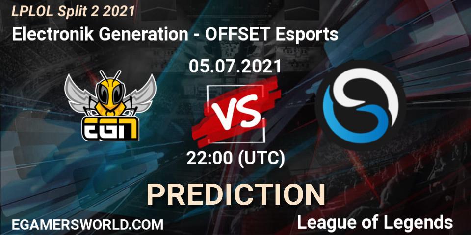 Prognose für das Spiel Electronik Generation VS OFFSET Esports. 05.07.2021 at 22:00. LoL - LPLOL Split 2 2021