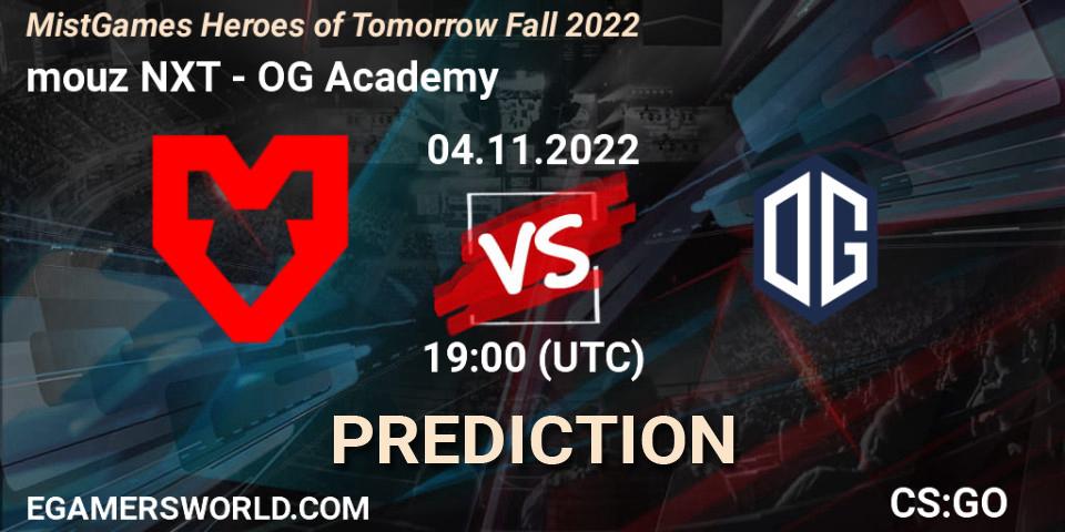 Prognose für das Spiel mouz NXT VS OG Academy. 04.11.2022 at 19:00. Counter-Strike (CS2) - MistGames Heroes of Tomorrow Fall 2022