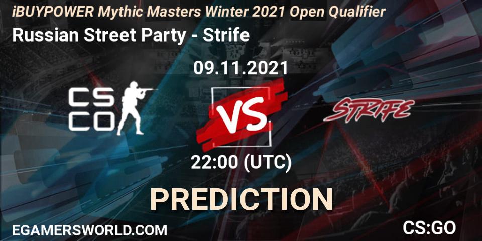 Prognose für das Spiel Russian Street Party VS Strife. 09.11.2021 at 22:00. Counter-Strike (CS2) - iBUYPOWER Mythic Masters Winter 2021 Open Qualifier