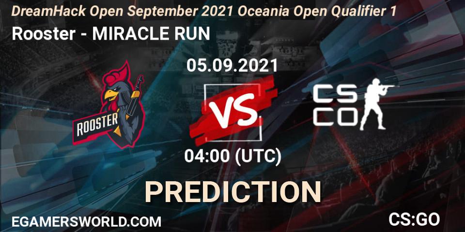 Prognose für das Spiel Rooster VS MIRACLE RUN. 05.09.2021 at 04:15. Counter-Strike (CS2) - DreamHack Open September 2021 Oceania Open Qualifier 1