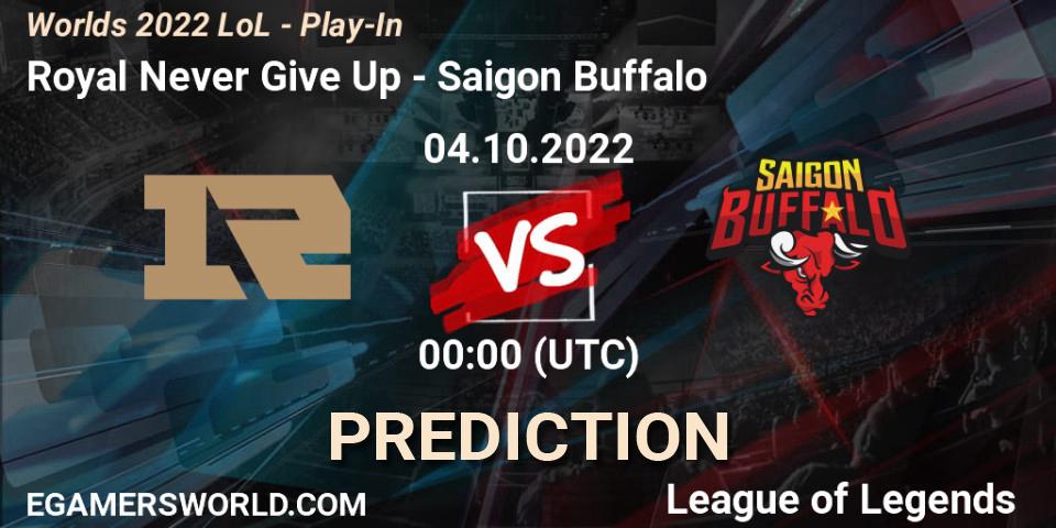 Prognose für das Spiel Royal Never Give Up VS Saigon Buffalo. 03.10.2022 at 01:00. LoL - Worlds 2022 LoL - Play-In