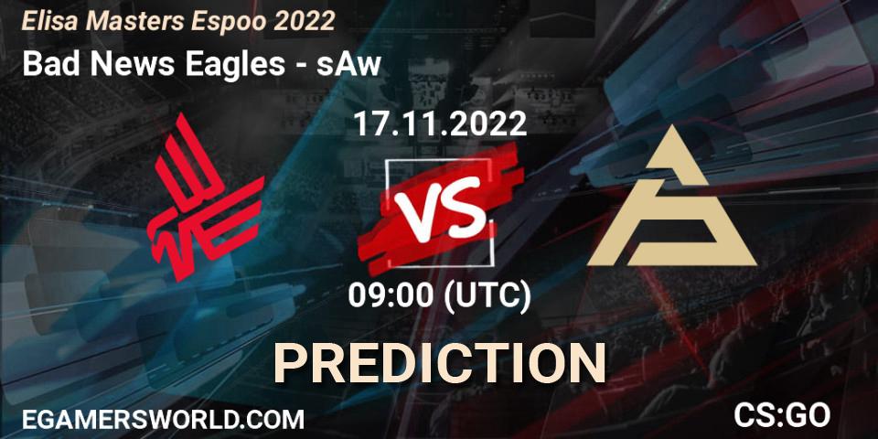 Prognose für das Spiel Bad News Eagles VS sAw. 17.11.2022 at 09:00. Counter-Strike (CS2) - Elisa Masters Espoo 2022