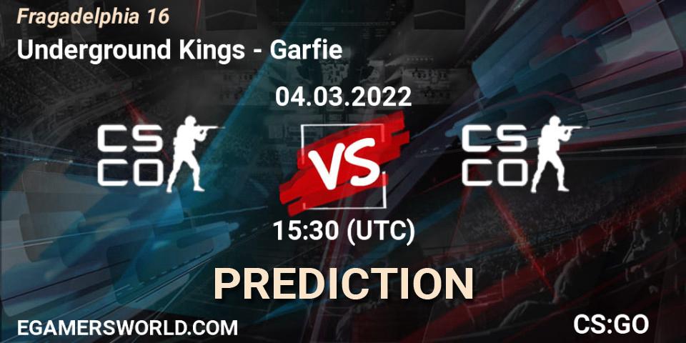 Prognose für das Spiel Underground Kings VS Garfie. 04.03.2022 at 15:50. Counter-Strike (CS2) - Fragadelphia 16