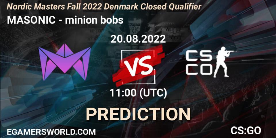 Prognose für das Spiel MASONIC VS minion bobs. 20.08.22. CS2 (CS:GO) - Nordic Masters Fall 2022 Denmark Closed Qualifier