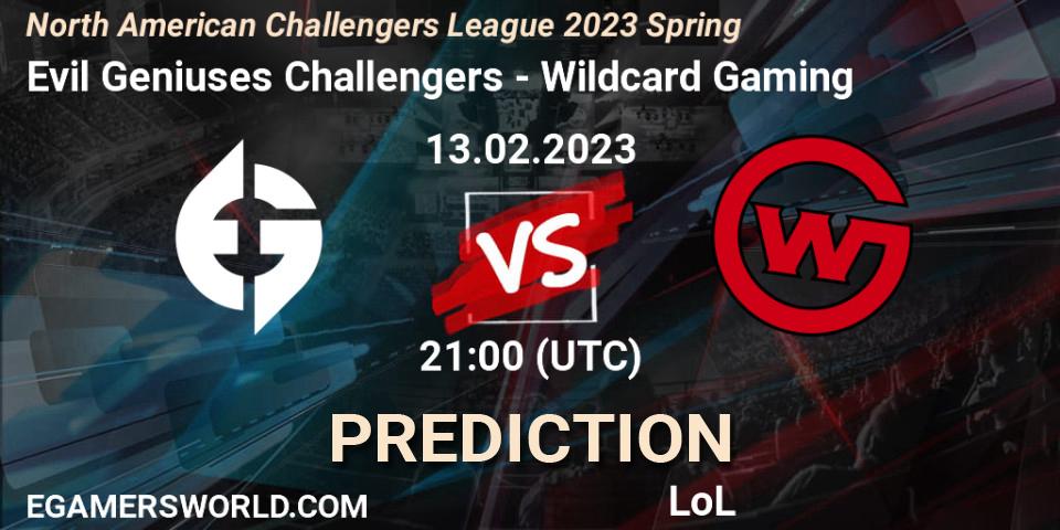 Prognose für das Spiel Evil Geniuses Challengers VS Wildcard Gaming. 13.02.23. LoL - NACL 2023 Spring - Group Stage