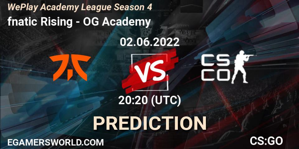 Prognose für das Spiel fnatic Rising VS OG Academy. 02.06.2022 at 20:20. Counter-Strike (CS2) - WePlay Academy League Season 4