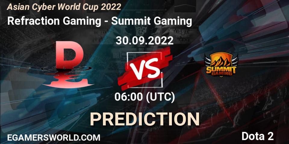 Prognose für das Spiel Refraction Gaming VS Summit Gaming. 30.09.2022 at 06:07. Dota 2 - Asian Cyber World Cup 2022