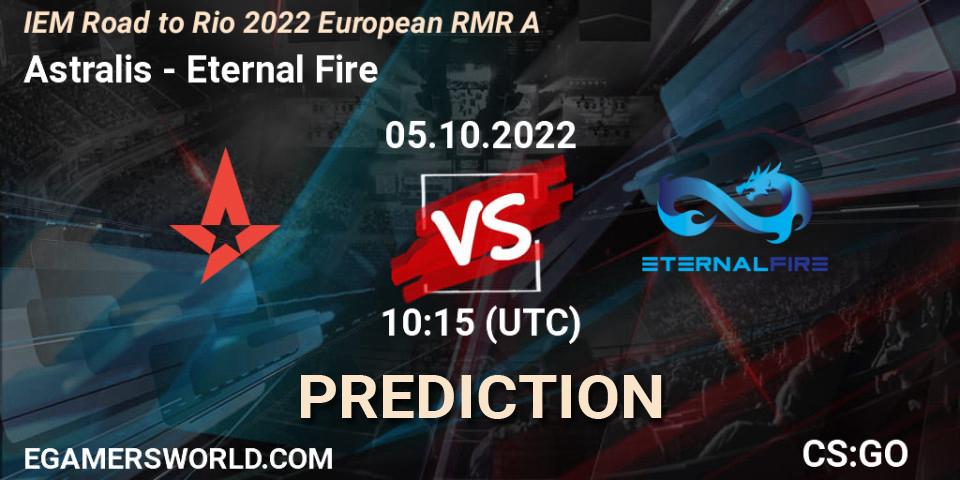 Prognose für das Spiel Astralis VS Eternal Fire. 05.10.2022 at 10:25. Counter-Strike (CS2) - IEM Road to Rio 2022 European RMR A