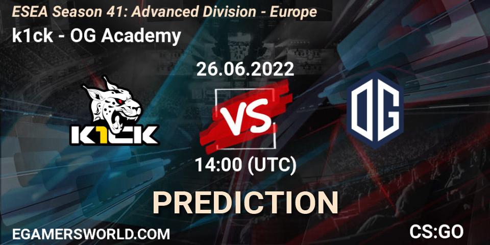 Prognose für das Spiel k1ck VS OG Academy. 26.06.22. CS2 (CS:GO) - ESEA Season 41: Advanced Division - Europe