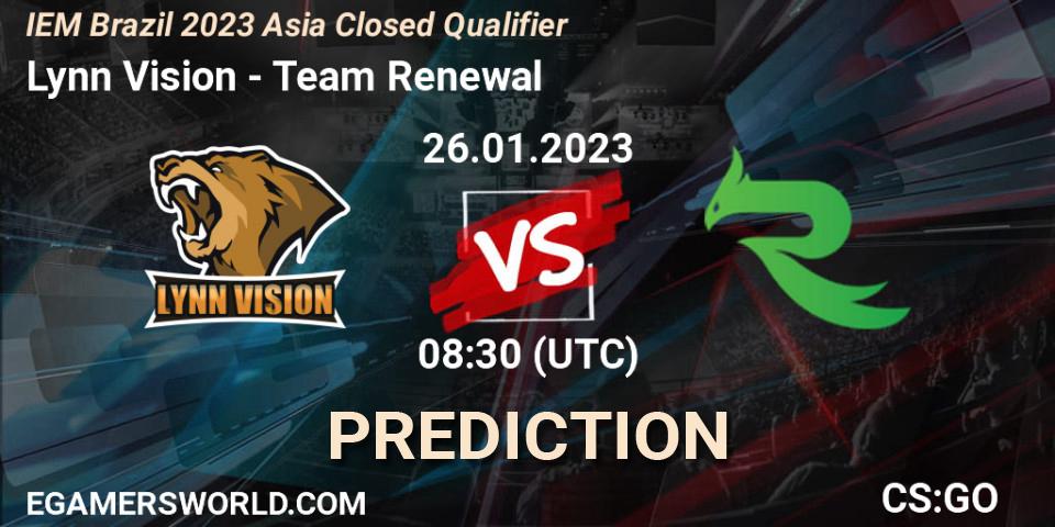 Prognose für das Spiel Lynn Vision VS Team Renewal. 26.01.2023 at 08:30. Counter-Strike (CS2) - IEM Brazil Rio 2023 Asia Closed Qualifier