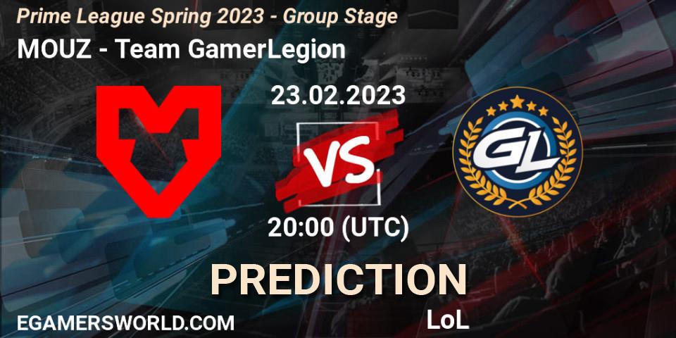 Prognose für das Spiel MOUZ VS Team GamerLegion. 23.02.2023 at 17:00. LoL - Prime League Spring 2023 - Group Stage