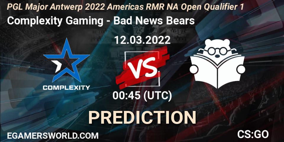 Prognose für das Spiel Complexity Gaming VS Bad News Bears. 12.03.2022 at 00:45. Counter-Strike (CS2) - PGL Major Antwerp 2022 Americas RMR NA Open Qualifier 1