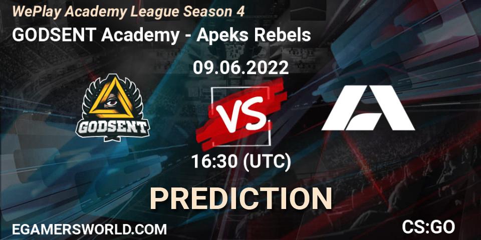 Prognose für das Spiel GODSENT Academy VS Apeks Rebels. 09.06.2022 at 17:40. Counter-Strike (CS2) - WePlay Academy League Season 4