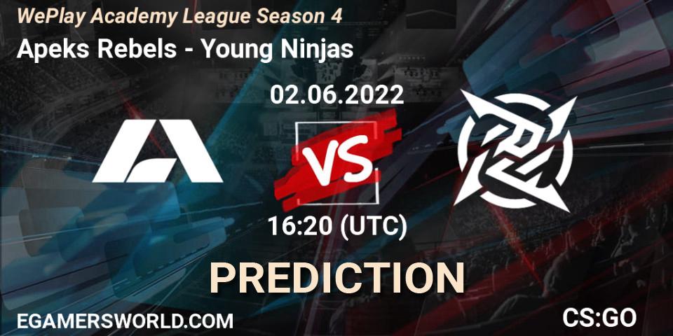 Prognose für das Spiel Apeks Rebels VS Young Ninjas. 02.06.2022 at 16:20. Counter-Strike (CS2) - WePlay Academy League Season 4