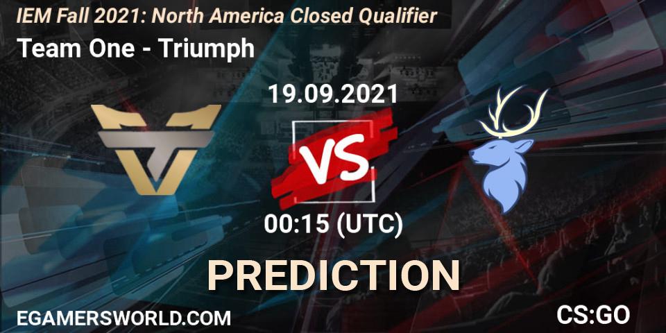 Prognose für das Spiel Team One VS Triumph. 19.09.2021 at 00:15. Counter-Strike (CS2) - IEM Fall 2021: North America Closed Qualifier