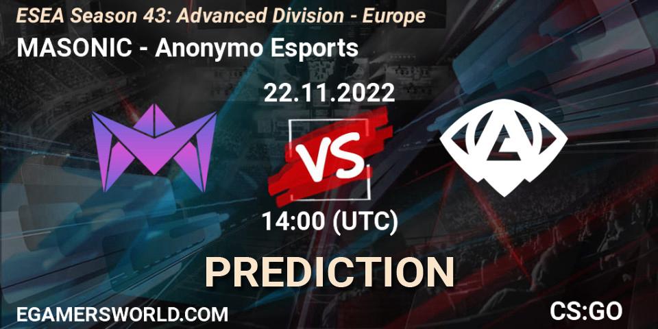 Prognose für das Spiel MASONIC VS Anonymo Esports. 22.11.2022 at 14:00. Counter-Strike (CS2) - ESEA Season 43: Advanced Division - Europe