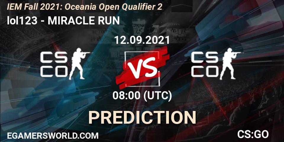 Prognose für das Spiel lol123 VS MIRACLE RUN. 12.09.21. CS2 (CS:GO) - IEM Fall 2021: Oceania Open Qualifier 2