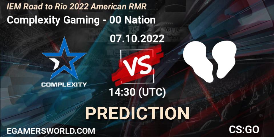 Prognose für das Spiel Complexity Gaming VS 00 Nation. 07.10.2022 at 14:30. Counter-Strike (CS2) - IEM Road to Rio 2022 American RMR