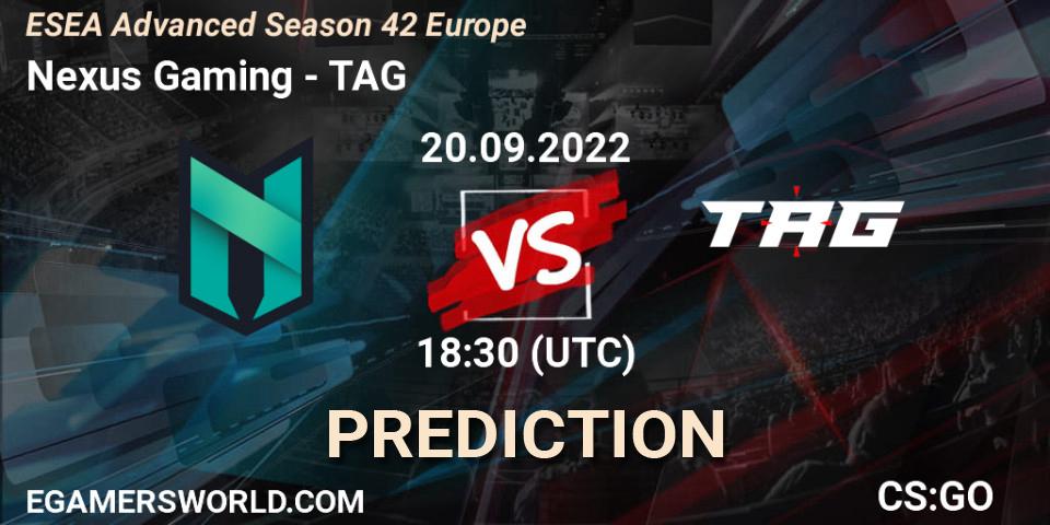 Prognose für das Spiel Nexus Gaming VS TAG. 20.09.2022 at 18:30. Counter-Strike (CS2) - ESEA Season 42: Advanced Division - Europe
