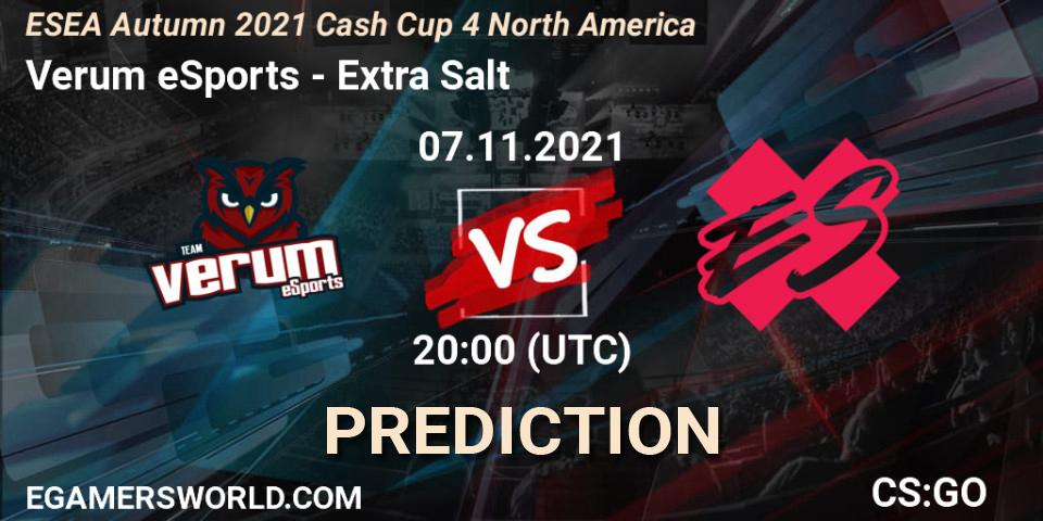 Prognose für das Spiel Verum eSports VS Extra Salt. 07.11.2021 at 22:00. Counter-Strike (CS2) - ESEA Cash Cup: North America - Autumn 2021 #4