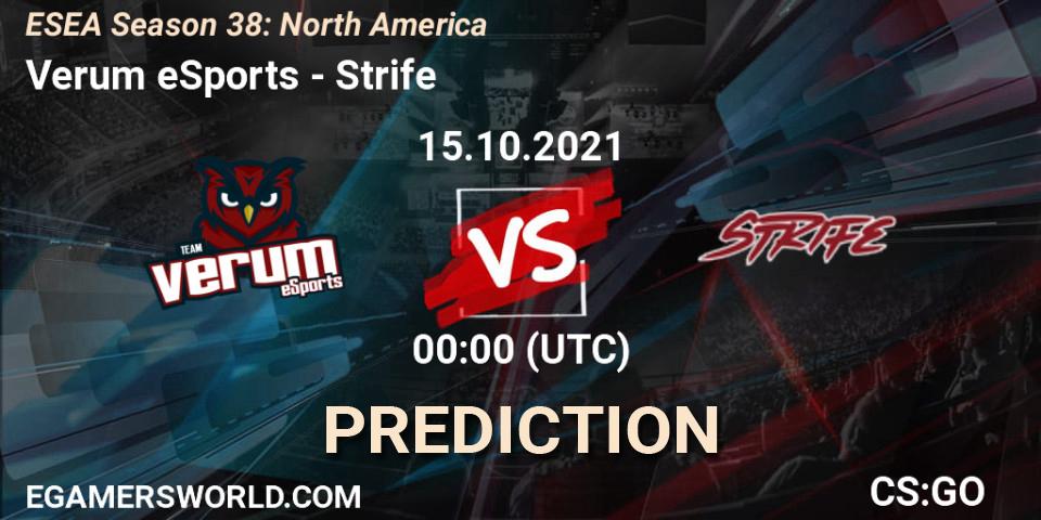 Prognose für das Spiel Verum eSports VS Strife. 15.10.2021 at 00:00. Counter-Strike (CS2) - ESEA Season 38: North America 