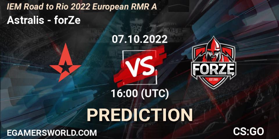 Prognose für das Spiel Astralis VS forZe. 07.10.2022 at 17:00. Counter-Strike (CS2) - IEM Road to Rio 2022 European RMR A