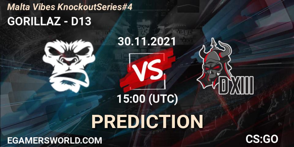 Prognose für das Spiel GORILLAZ VS D13. 30.11.2021 at 15:25. Counter-Strike (CS2) - Malta Vibes Knockout Series #4
